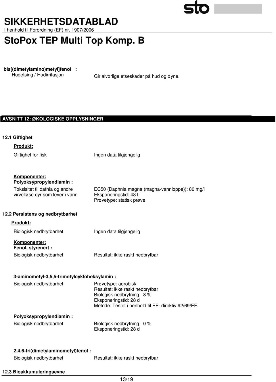 Eksponeringstid: 48 t Prøvetype: statisk prøve 12.