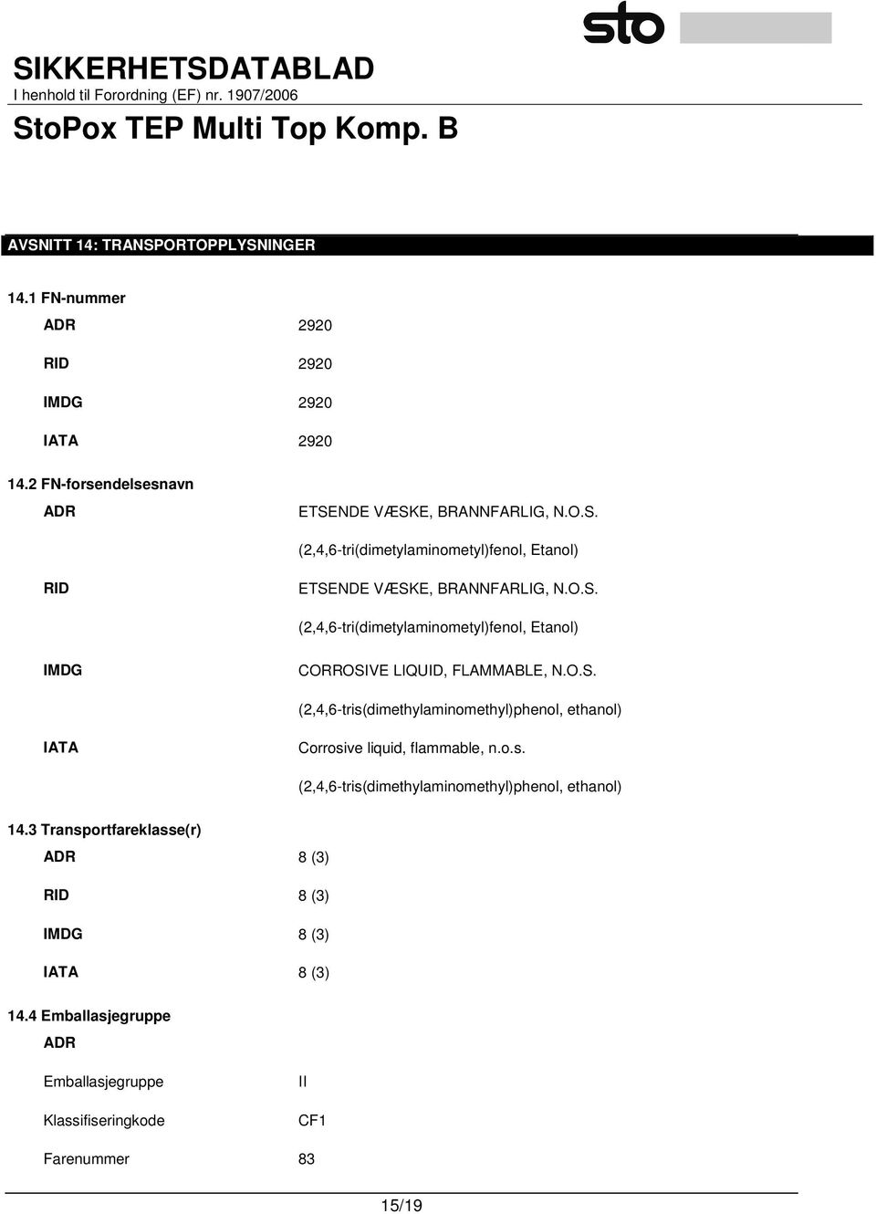 o.s. (2,4,6-tris(dimethylaminomethyl)phenol, ethanol) 14.3 Transportfareklasse(r) ADR 8 (3) RID 8 (3) IMDG 8 (3) IATA 8 (3) 14.