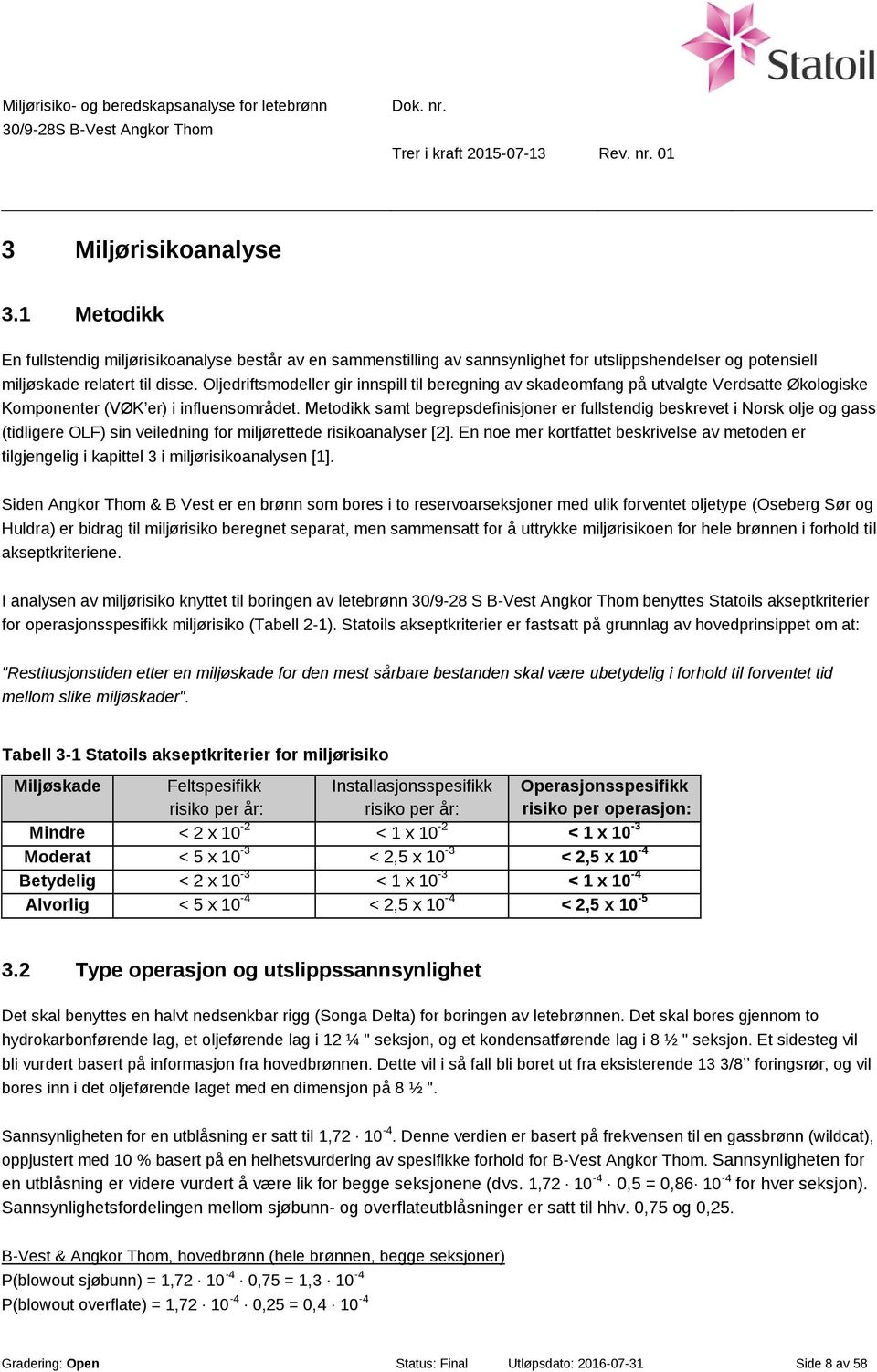 Metodikk samt begrepsdefinisjoner er fullstendig beskrevet i Norsk olje og gass (tidligere OLF) sin veiledning for miljørettede risikoanalyser [2].