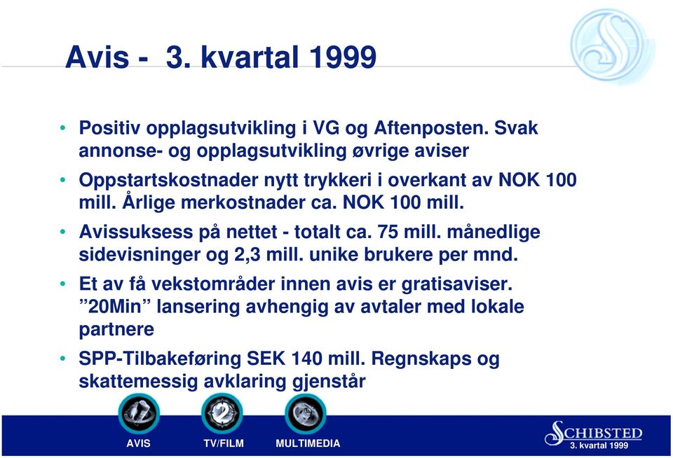 Årlige merkostnader ca. NOK 100 mill. Avissuksess på nettet - totalt ca. 75 mill. månedlige sidevisninger og 2,3 mill.