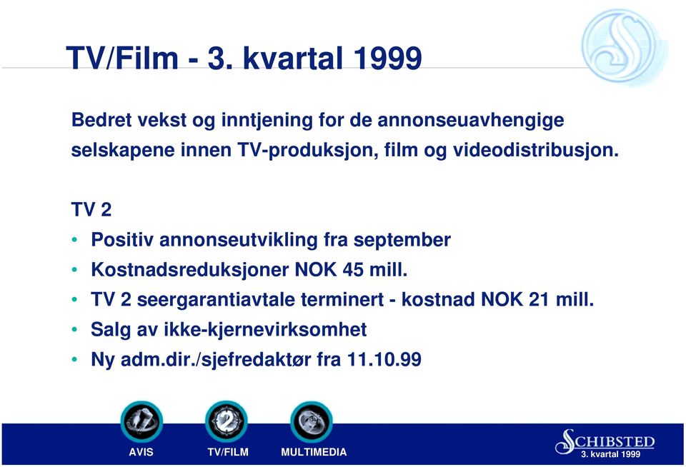 TV 2 Positiv annonseutvikling fra september Kostnadsreduksjoner NOK 45 mill.