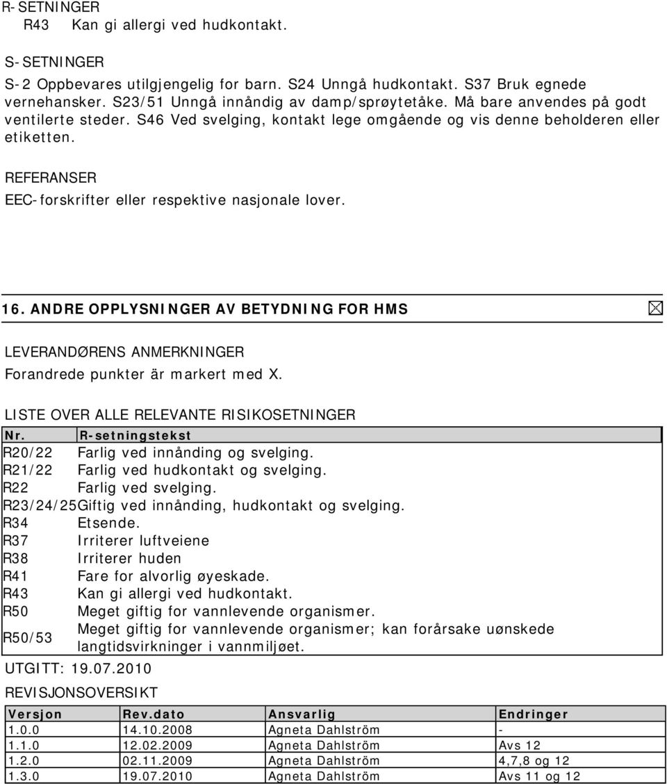 ANDRE OPPLYSNINGER AV BETYDNING FOR HMS LEVERANDØRENS ANMERKNINGER Forandrede punkter är markert med X. LISTE OVER ALLE RELEVANTE RISIKOSETNINGER Nr.