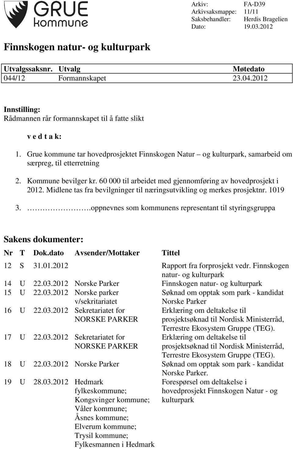 Grue kommune tar hovedprosjektet Finnskogen Natur og kulturpark, samarbeid om særpreg, til etterretning 2. Kommune bevilger kr. 60 000 til arbeidet med gjennomføring av hovedprosjekt i 2012.