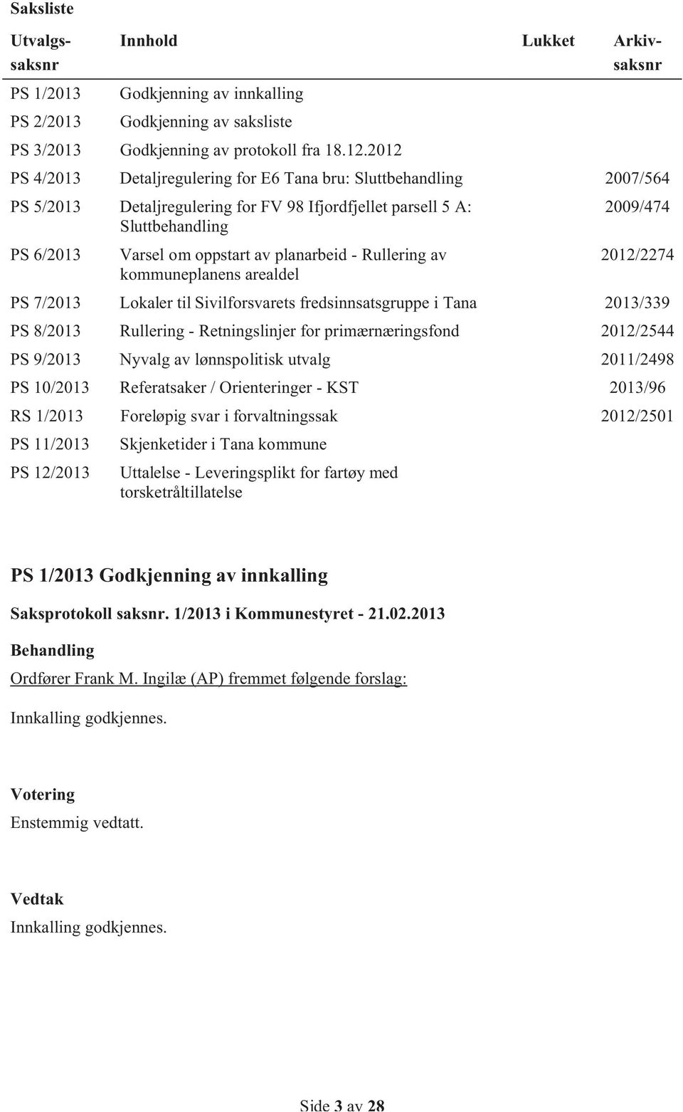 planarbeid - Rullering av 2012/2274 kommuneplanens arealdel PS 7/2013 Lokaler til Sivilforsvarets fredsinnsatsgruppe i Tana 2013/339 PS 8/2013 Rullering - Retningslinjer for primærnæringsfond