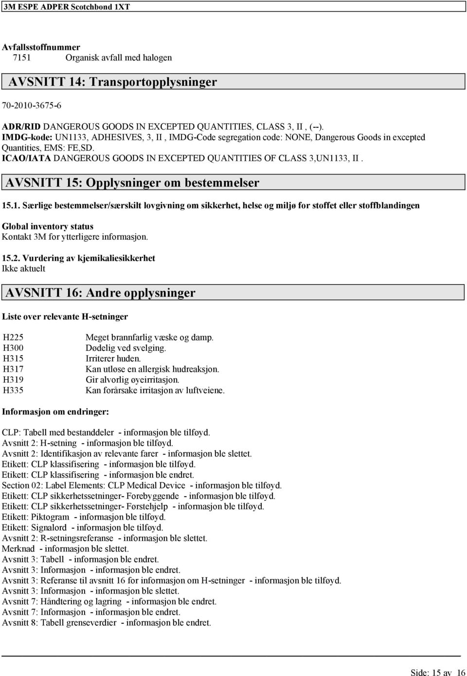 AVSNITT 15: Opplysninger om bestemmelser 15.1. Særlige bestemmelser/særskilt lovgivning om sikkerhet, helse og miljø stoffet stoffblandingen Global inventory status Kontakt 3M ytterligere inmasjon.