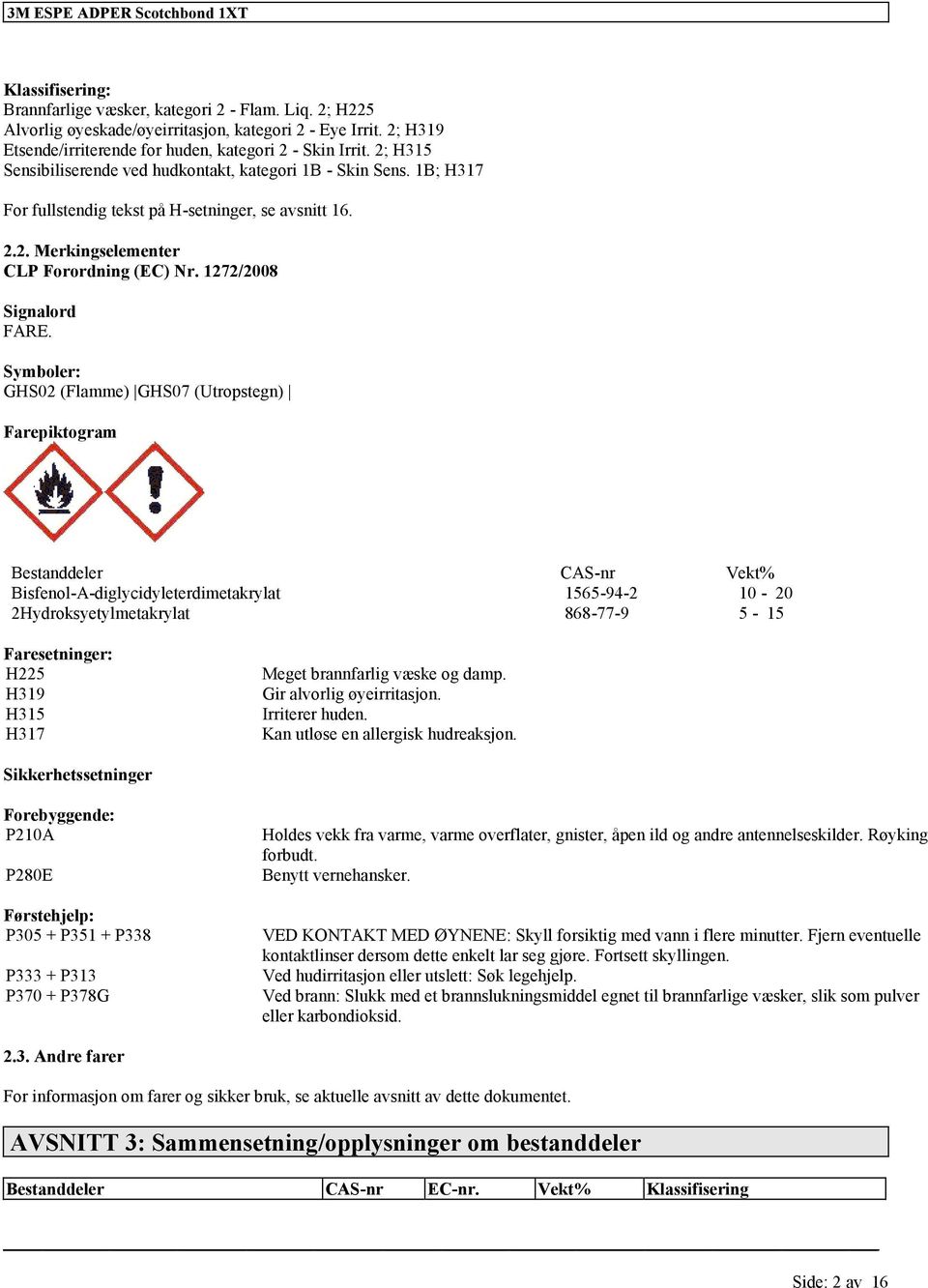 Symboler: GHS02 (Flamme) GHS07 (Utropstegn) Farepiktogram Bestanddeler CAS-nr Vekt% Bisfenol-A-diglycidyleterdi 1565-94-2 10-20 2Hydroksyetyl 868-77-9 5-15 Faresetninger: H225 H319 H315 H317 Meget