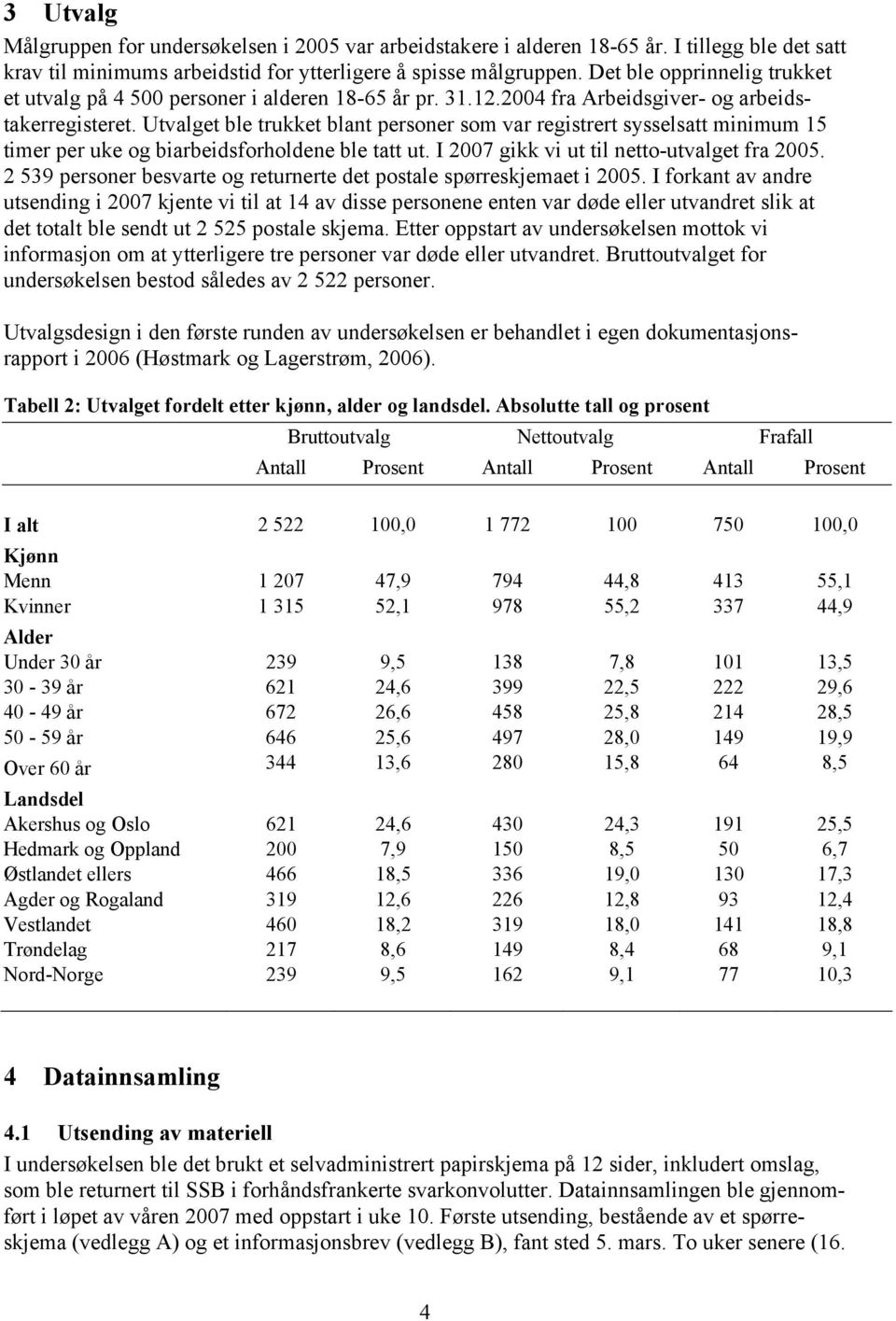 Utvalget ble trukket blant personer som var registrert sysselsatt minimum 15 timer per uke og biarbeidsforholdene ble tatt ut. I 2007 gikk vi ut til netto-utvalget fra 2005.