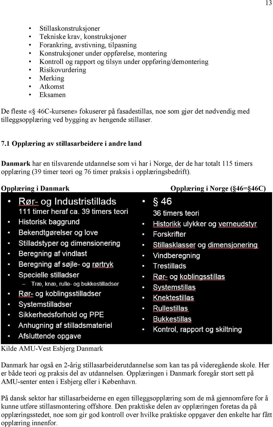 1 Opplæring av stillasarbeidere i andre land Danmark har en tilsvarende utdannelse som vi har i Norge, der de har totalt 115 timers opplæring (39 timer teori og 76 timer praksis i opplæringsbedrift).