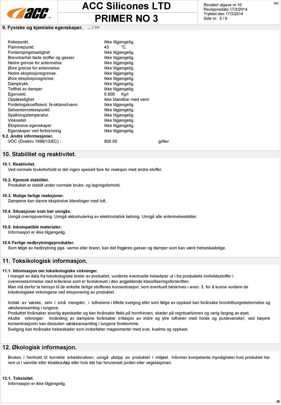 900 Kg/l Oppløselighet ikke blandbar med vann Fordelingskoeffisient: N-oktanol/vann Selvantennelsespunkt. Spaltningstemperatur. Viskositet Eksplosive egenskaper Egenskaper ved forbrenning 9.2.