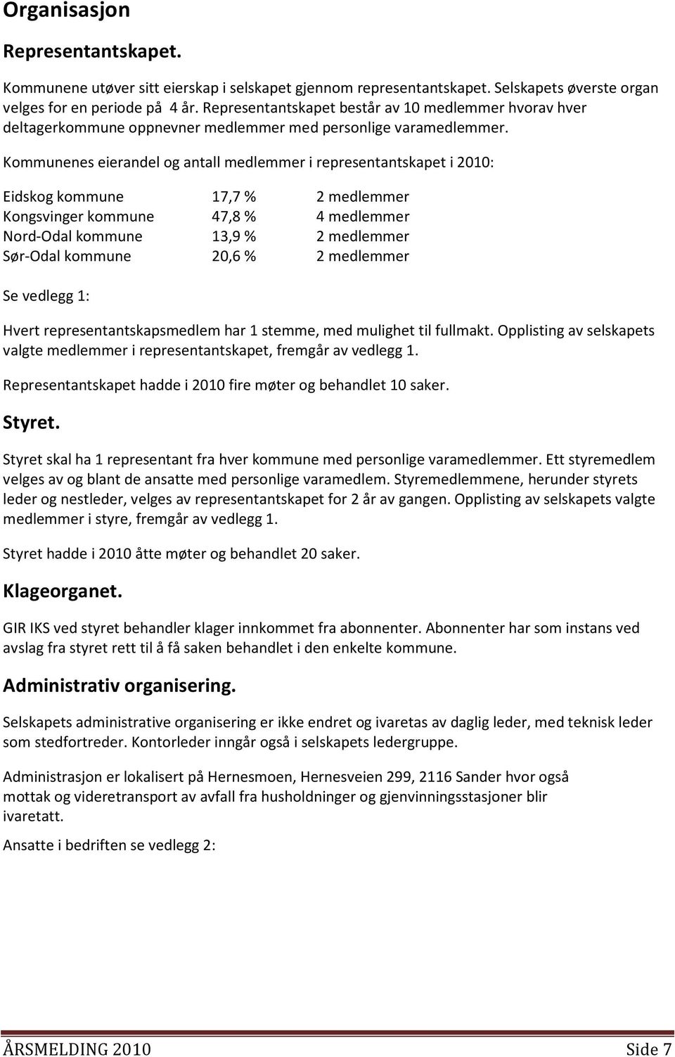 Kommunenes eierandel og antall medlemmer i representantskapet i 2010: Eidskog kommune 17,7 % 2 medlemmer Kongsvinger kommune 47,8 % 4 medlemmer Nord-Odal kommune 13,9 % 2 medlemmer Sør-Odal kommune