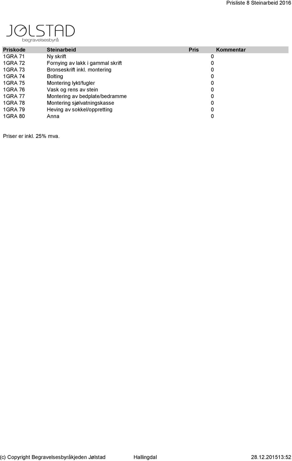 montering 0 0 1GRA 74 Bolting 0 0 1GRA 75 Montering lykt/fugler 0 0 1GRA 76 Vask og rens av stein 0 0 1GRA 77 Montering