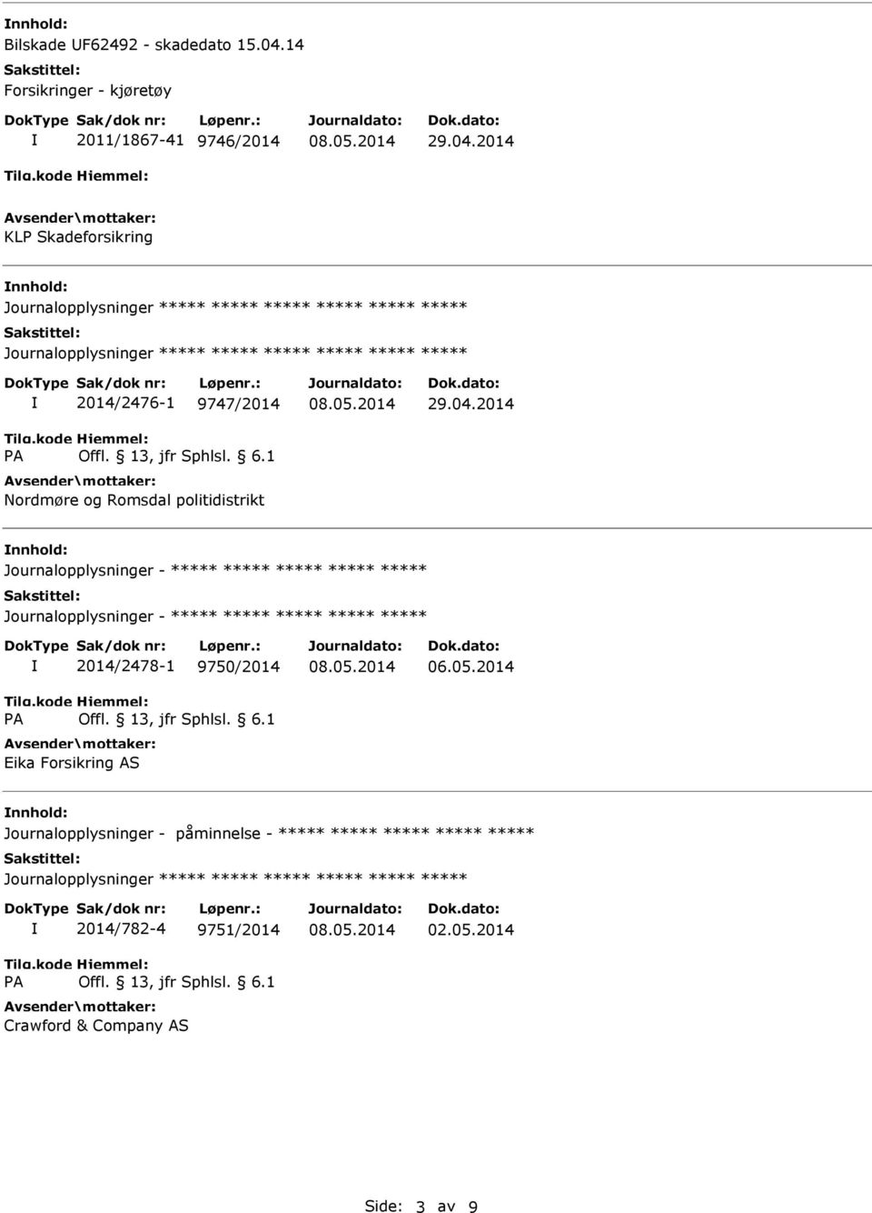 2014 KLP Skadeforsikring Journalopplysninger Journalopplysninger 2014/2476-1 9747/2014 Nordmøre og