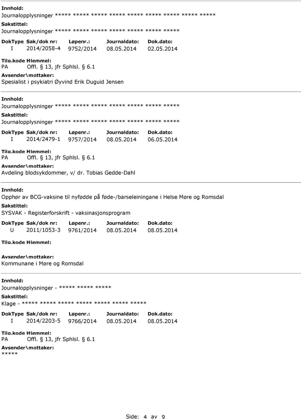 2014 Spesialist i psykiatri Øyvind Erik Duguid Jensen Journalopplysninger Journalopplysninger 2014/2479-1 9757/2014 06.05.