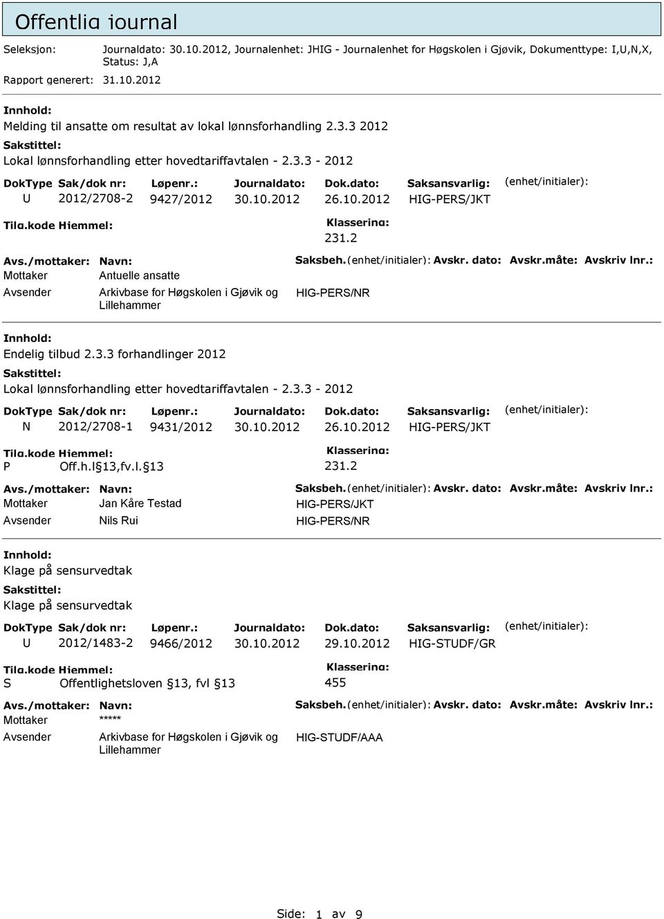 /mottaker: Navn: aksbeh. Avskr. dato: Avskr.måte: Avskriv lnr.: Mottaker Antuelle ansatte HG-PER/NR Endelig tilbud 2.3.3 forhandlinger 2012 Lokal lønnsforhandling etter hovedtariffavtalen - 2.3.3-2012 N 2012/2708-1 9431/2012 HG-PER/JKT P Off.