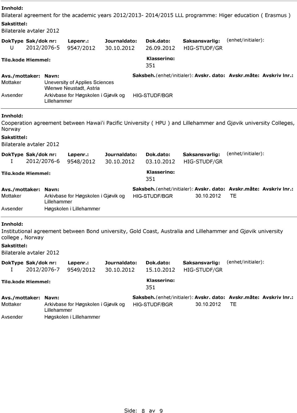 : Mottaker neversity of Applies ciences Wienwe Neustadt, Astria HG-TDF/BGR Cooperation agreement between Hawai'i Pacific niversity ( HP ) and and Gjøvik university Colleges, Norway Bilaterale avtaler