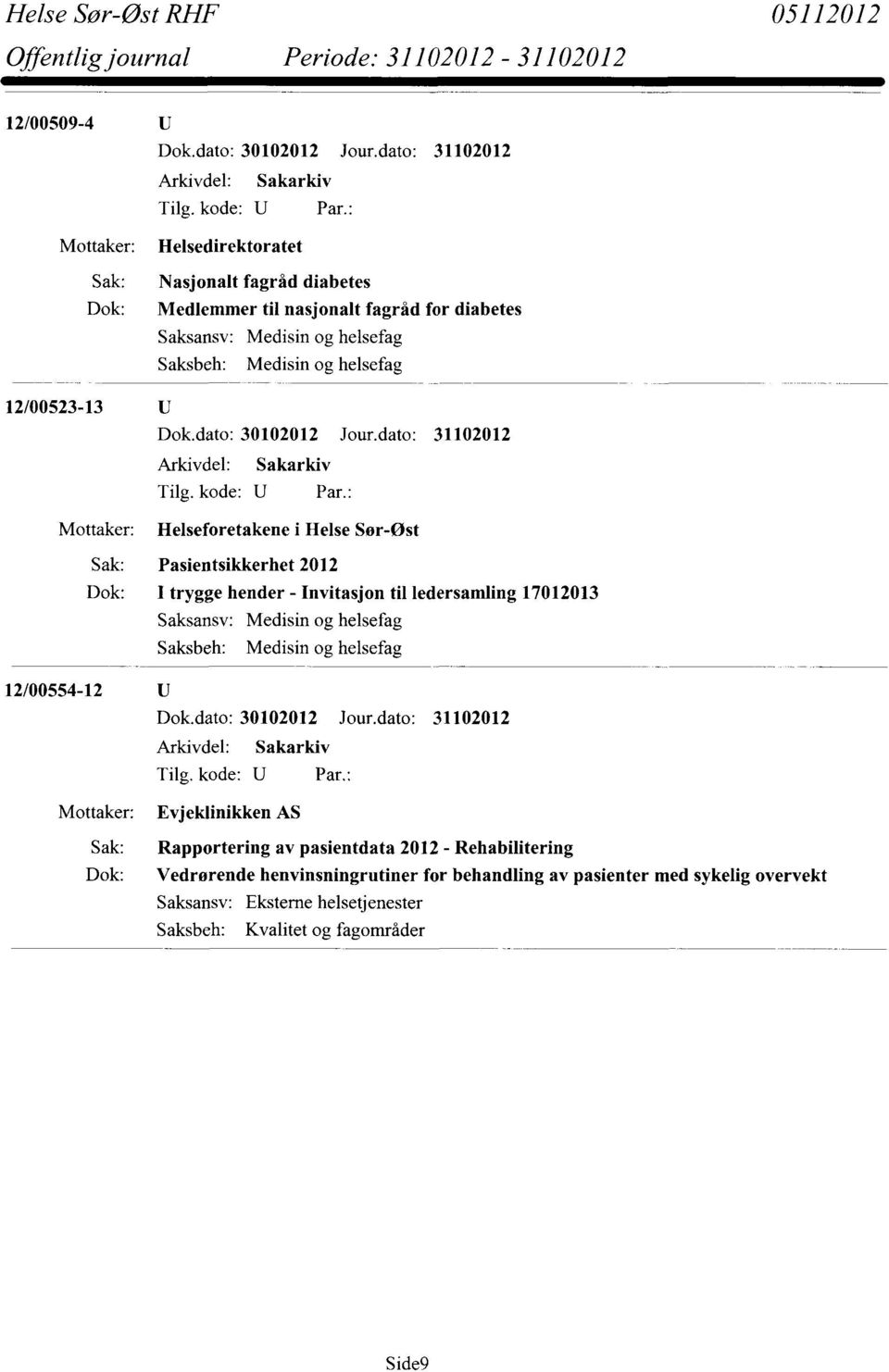 - Invitasjon til ledersamling 17012013 Saksbeh: Medisin og helsefag 12/00554-12 Mottaker: Evjeklinikken AS Sak: Rapportering av pasientdata