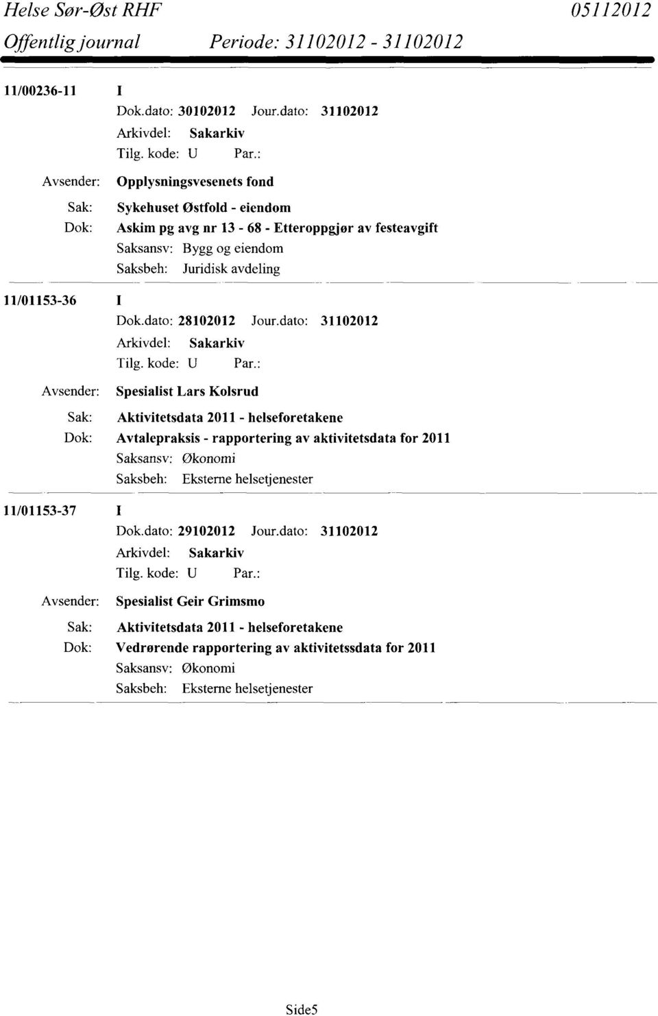 dato: 31102012 Spesialist Lars Kolsrud Sak: Aktivitetsdata 2011 - helseforetakene Dok: Avtalepraksis - rapportering av aktivitetsdata for 2011