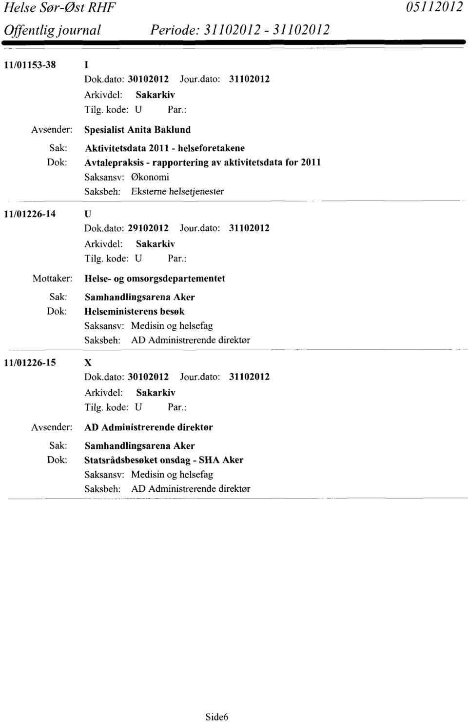 dato: 31102012 Mottaker: Helse- og omsorgsdepartementet Sak: Samhandlingsarena Aker Dok: Helseministerens besøk Saksbeh: AD