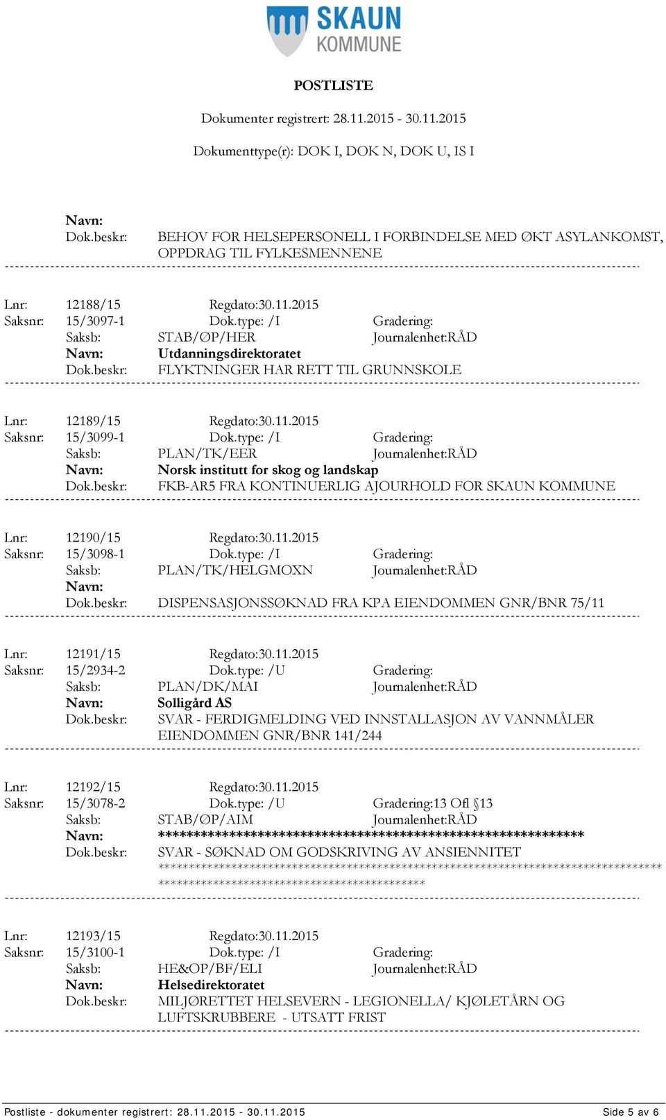 type: /I Gradering: Saksb: PLAN/TK/EER Journalenhet:RÅD Norsk institutt for skog og landskap FKB-AR5 FRA KONTINUERLIG AJOURHOLD FOR SKAUN KOMMUNE Lnr: 12190/15 Regdato:30.11.