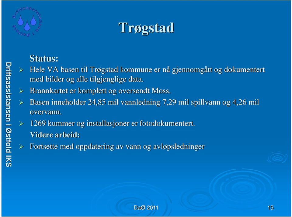 Basen inneholder 24,85 mil vannledning 7,29 mil spillvann og 4,26 mil overvann.