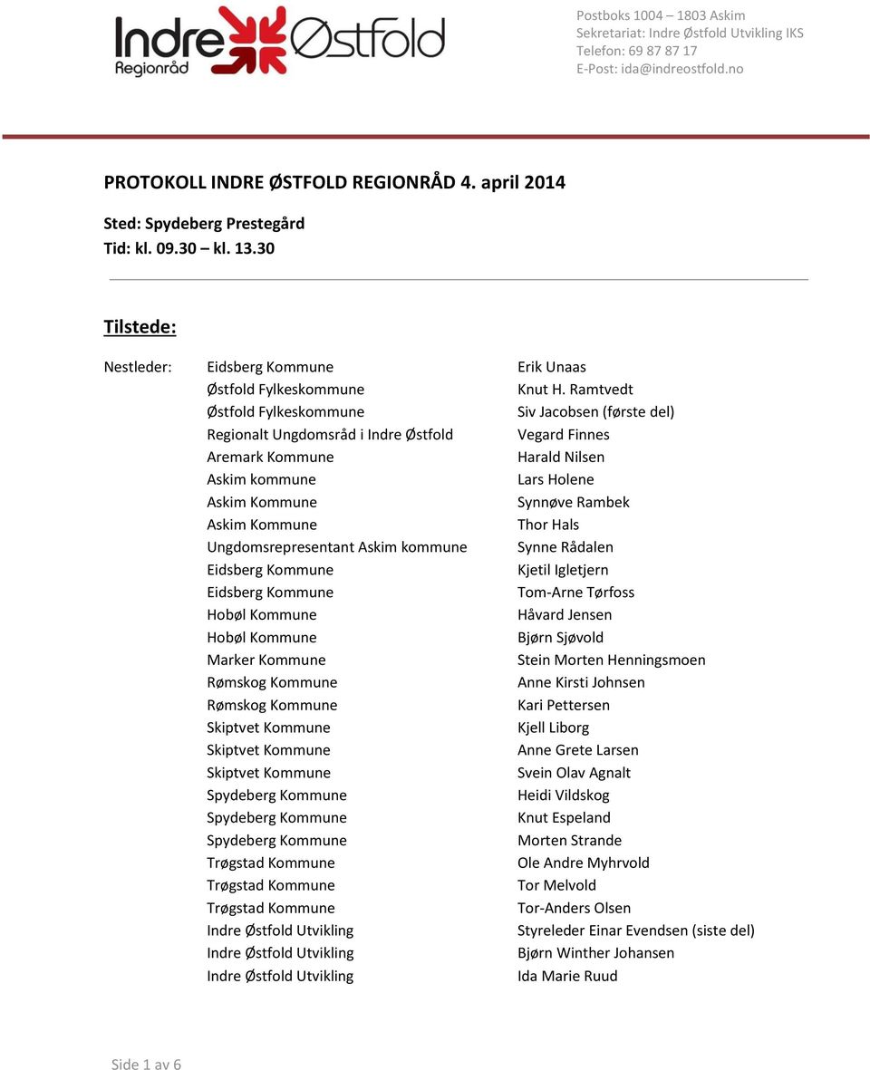 Ramtvedt Østfold Fylkeskommune Siv Jacobsen (første del) Regionalt Ungdomsråd i Indre Østfold Vegard Finnes Aremark Kommune Harald Nilsen Askim kommune Lars Holene Askim Kommune Synnøve Rambek Askim