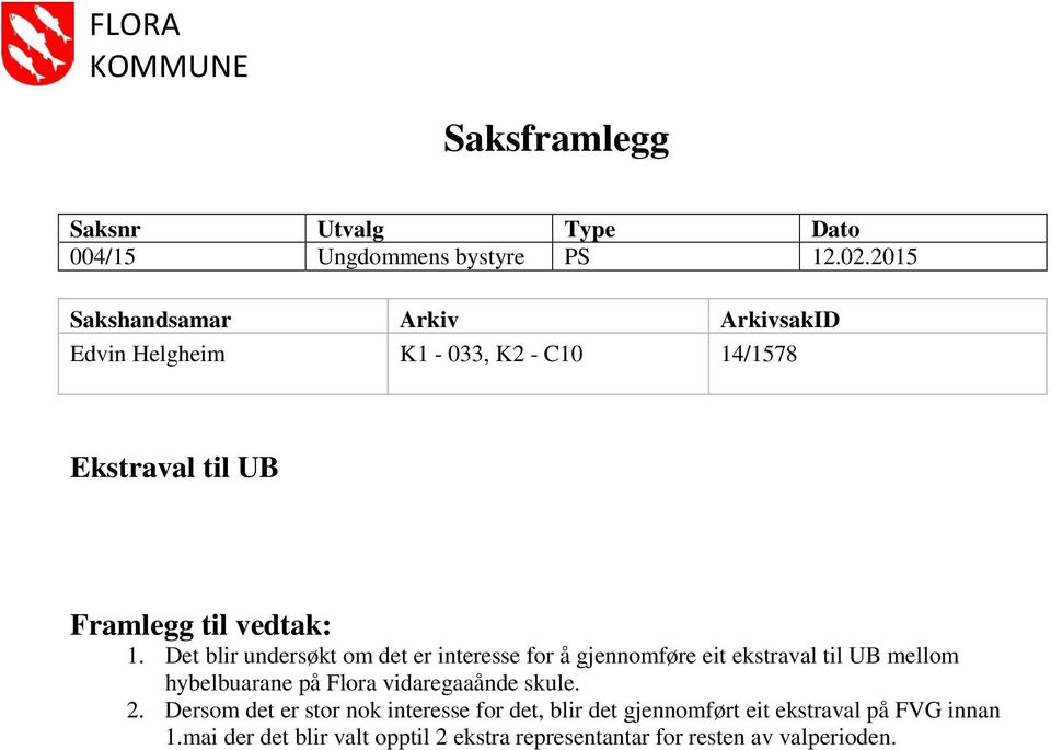 Det blir undersøkt om det er interesse for å gjennomføre eit ekstraval til UB mellom hybelbuarane på Flora vidaregaaånde