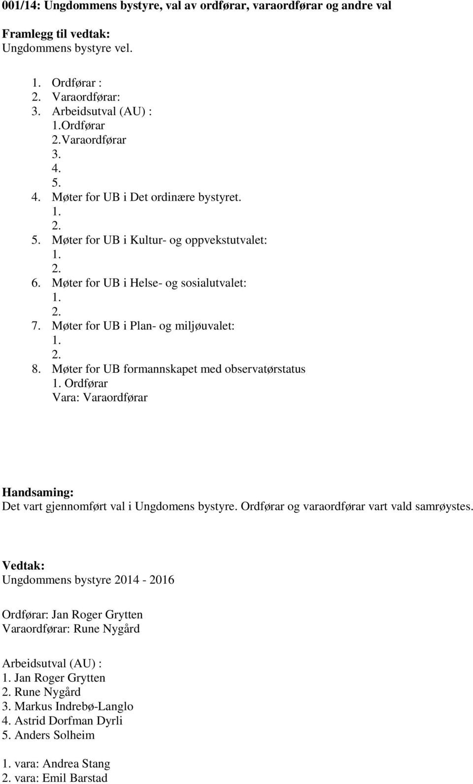 Møter for UB formannskapet med observatørstatus 1. Ordførar Vara: Varaordførar Handsaming: Det vart gjennomført val i Ungdomens bystyre. Ordførar og varaordførar vart vald samrøystes.