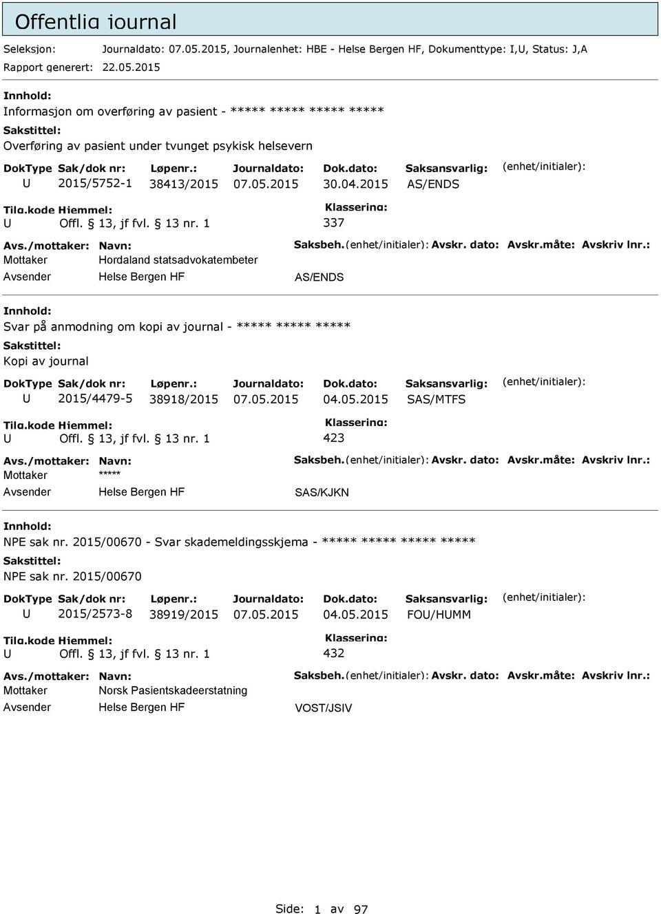 Avskr. dato: Avskr.måte: Avskriv lnr.: Mottaker Hordaland statsadvokatembeter AS/ENDS Svar på anmodning om kopi av journal - ***** ***** ***** Kopi av journal 2015/4479-5 38918/2015 04.05.