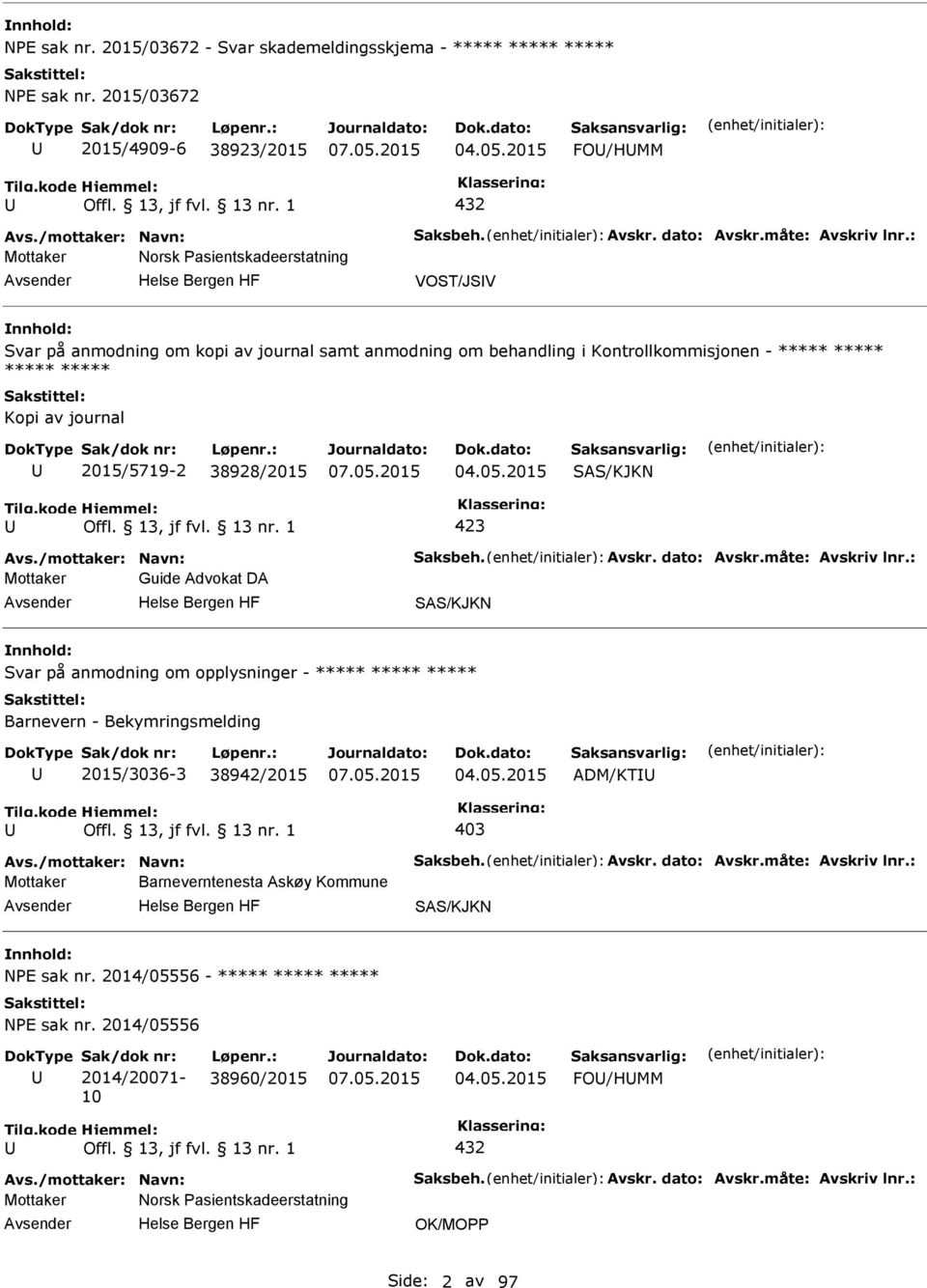 : Mottaker Norsk asientskadeerstatning VOST/JSV Svar på anmodning om kopi av journal samt anmodning om behandling i Kontrollkommisjonen - ***** ***** ***** ***** Kopi av journal 2015/5719-2