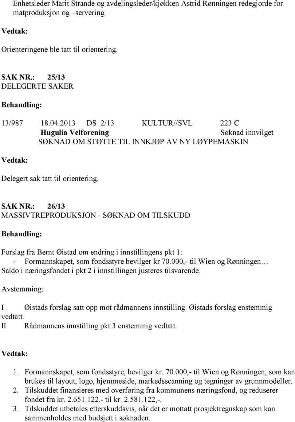 : 26/13 MASSIVTREPRODUKSJON - SØKNAD OM TILSKUDD Forslag fra Bernt Øistad om endring i innstillingens pkt 1: - Formannskapet, som fondsstyre bevilger kr 70.