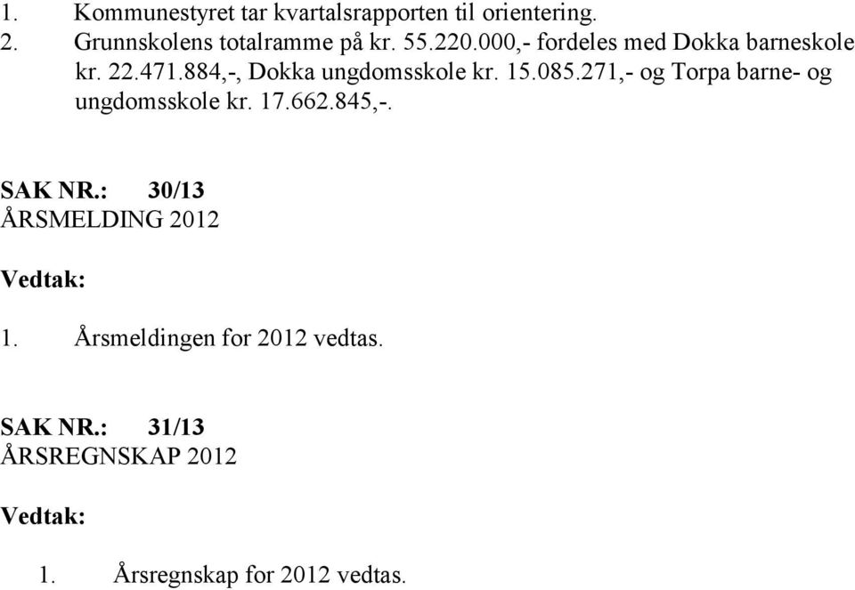 271,- og Torpa barne- og ungdomsskole kr. 17.662.845,-. SAK NR.: 30/13 ÅRSMELDING 2012 1.