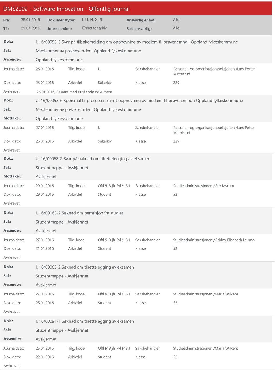 2016, Besvart med utgående dokument, 16/00053-6 Spørsmål til prosessen rundt oppnevning av medlem til prøvenemnd i Oppland fylkeskommune Medlemmer av prøvenemder i Oppland fylkeskommune Oppland