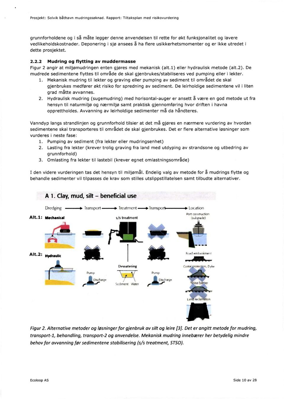 Deponering i sjø ansees å ha flere usikkerhetsmomenter og er ikke utredet i dette prosjektet. 2.2.2 Mudring og flytting av muddermasse Figur 2 angir at miljømudringen enten gjøres med mekanisk (alt.