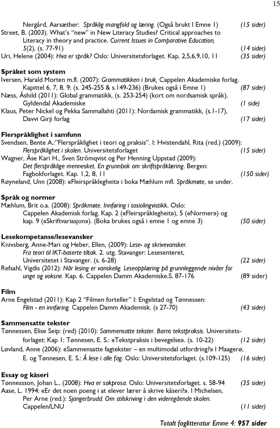 2,5,6,9,10, 11 (35 sider) Språket som system Iversen, Harald Morten m.fl. (2007): Grammatikken i bruk, Cappelen Akademiske forlag. Kapittel 6, 7, 8, 9; (s. 245-255 & s.