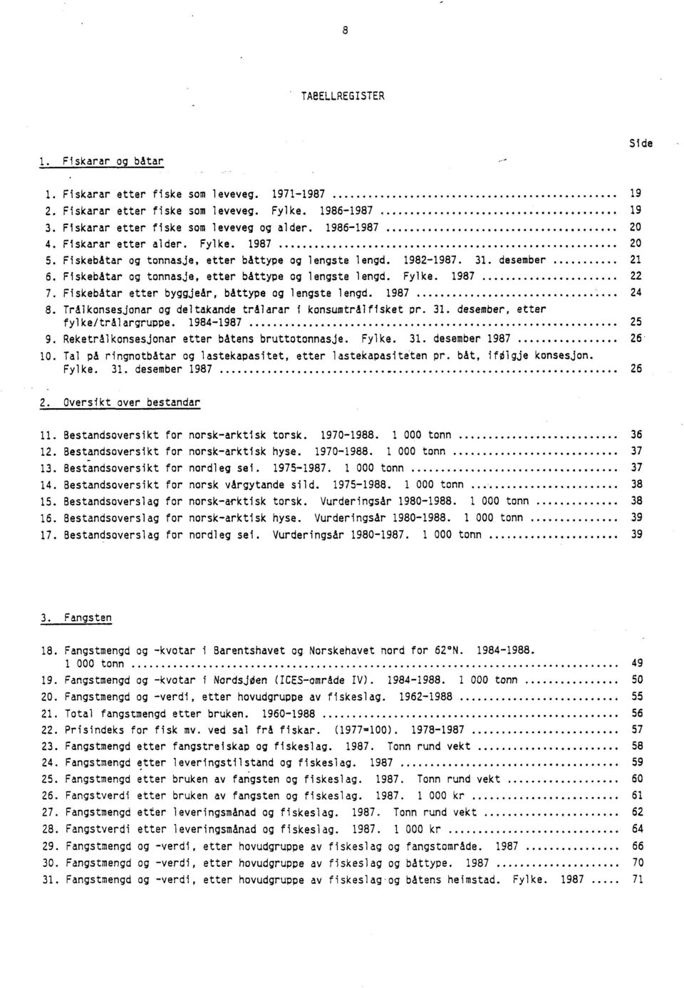 Fiskebåtar etter byggjer, båttype og lengste lengd. 1987 24 8. TrAlkonsesionar og deltakande trålarar i konsumtrålfisket pr. 31. desember, etter fylke/tralargruppe. 1984-1987 25 9.