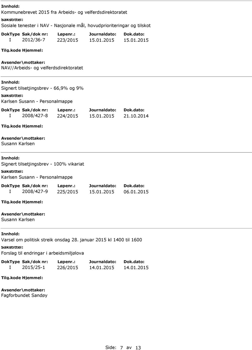 2014 Susann Karlsen Signert tilsetjingsbrev - 100% vikariat Karlsen Susann - Personalmappe 2008/427-9 225/2015 06.01.2015 Susann Karlsen Varsel om politisk streik onsdag 28.