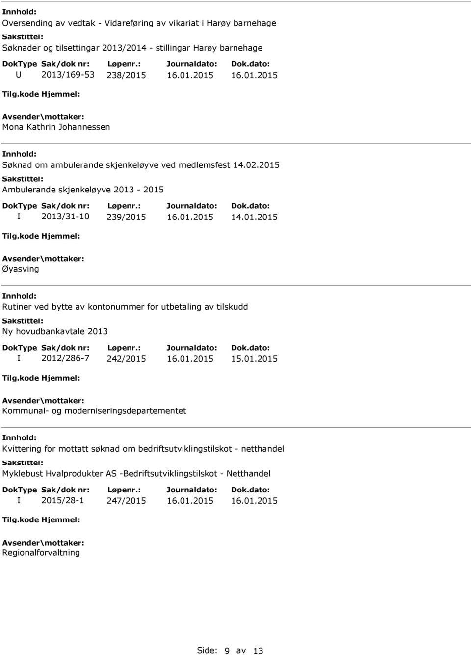 2015 Ambulerande skjenkeløyve 2013-2015 2013/31-10 239/2015 Øyasving Rutiner ved bytte av kontonummer for utbetaling av tilskudd Ny hovudbankavtale 2013