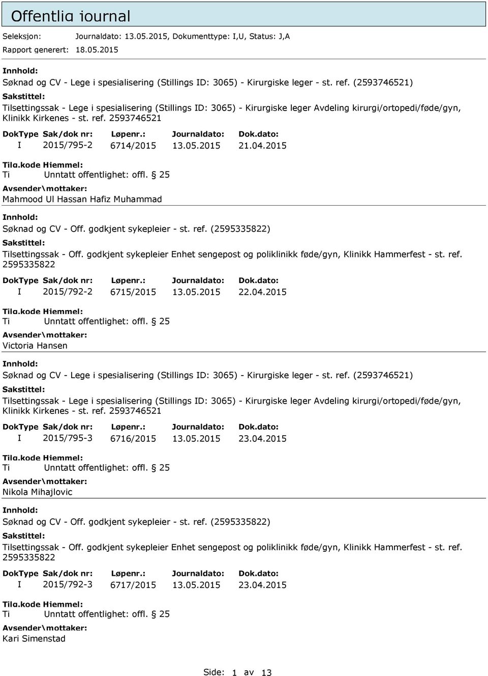 2015 nnhold: Søknad og CV - Off. godkjent sykepleier - st. ref. () lsettingssak - Off. godkjent sykepleier Enhet sengepost og poliklinikk føde/gyn, Klinikk Hammerfest - st. ref. 2015/792-2 6715/2015 Victoria Hansen 22.