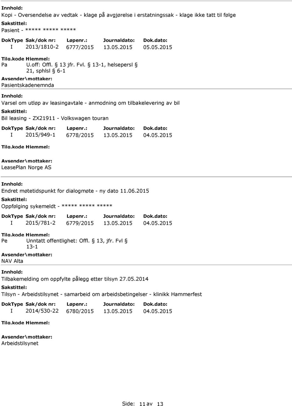 , helsepersl 21, sphlsl 6-1 Pasientskadenemnda nnhold: Varsel om utløp av leasingavtale - anmodning om tilbakelevering av bil Bil leasing - ZX21911 - Volkswagen touran 2015/949-1