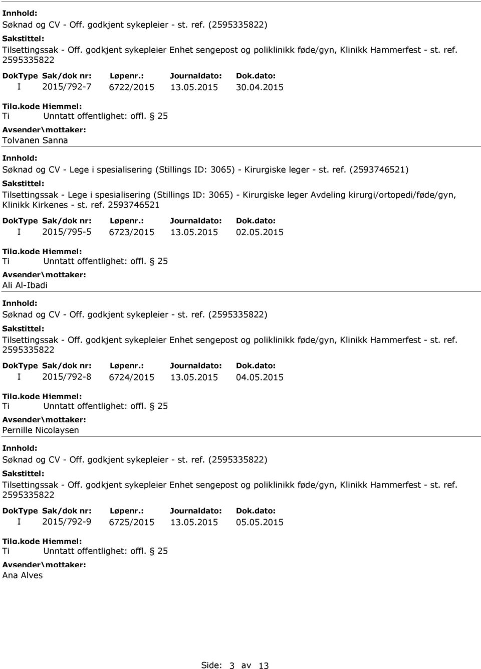 (2593746521) lsettingssak - Lege i spesialisering (Stillings D: 3065) - Kirurgiske leger Avdeling kirurgi/ortopedi/føde/gyn, 2015/795-5 6723/2015 Ali Al-badi 02.05.2015 nnhold: Søknad og CV - Off.