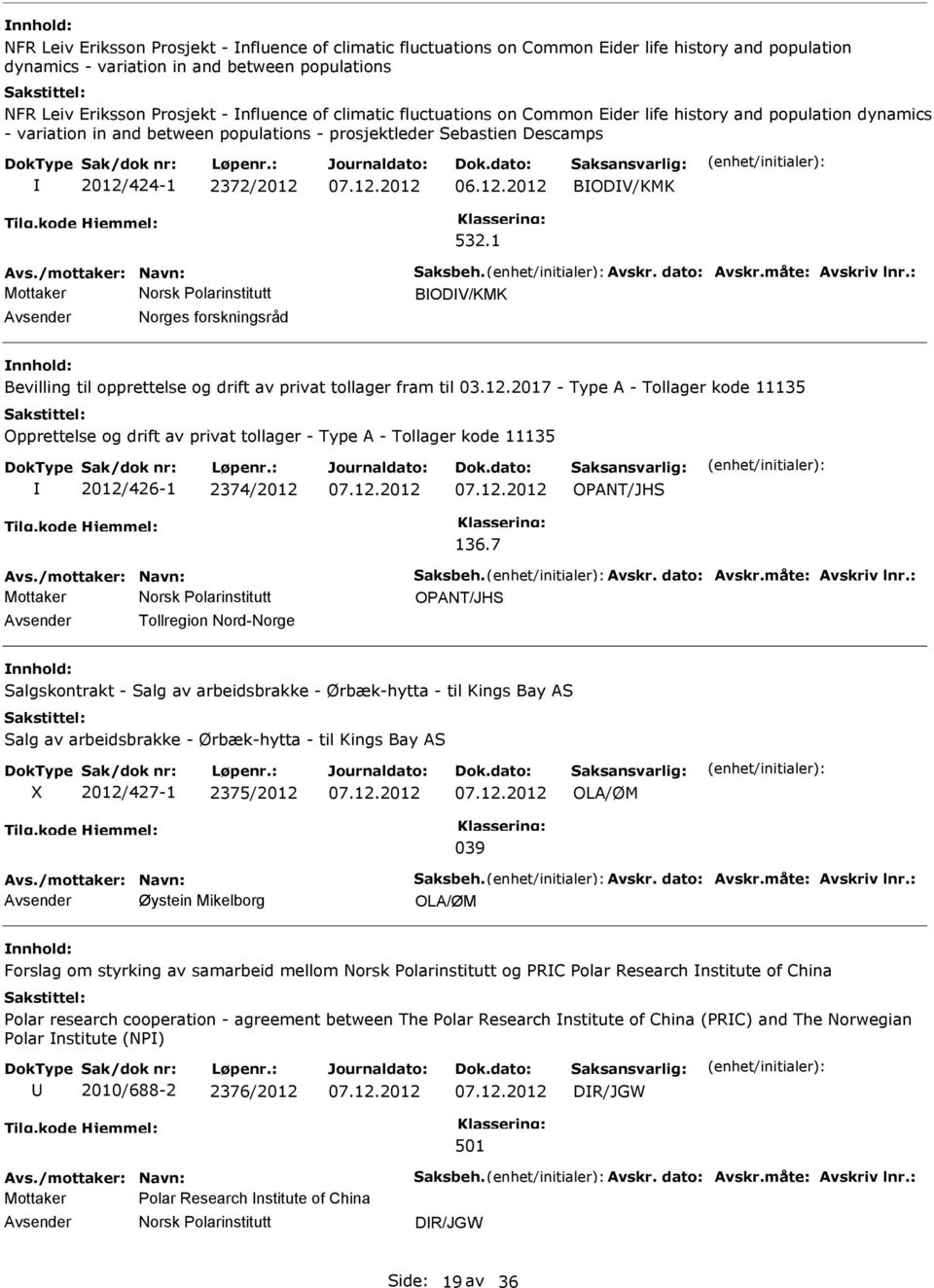 1 Avs./mottaker: Navn: Saksbeh. Avskr. dato: Avskr.måte: Avskriv lnr.: BODV/KMK Norges forskningsråd Bevilling til opprettelse og drift av privat tollager fram til 03.12.