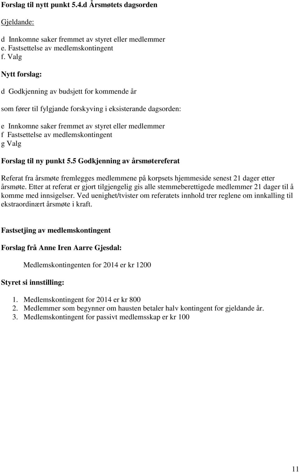 medlemskontingent g Valg Forslag til ny punkt 5.5 Godkjenning av årsmøtereferat Referat fra årsmøte fremlegges medlemmene på korpsets hjemmeside senest 21 dager etter årsmøte.