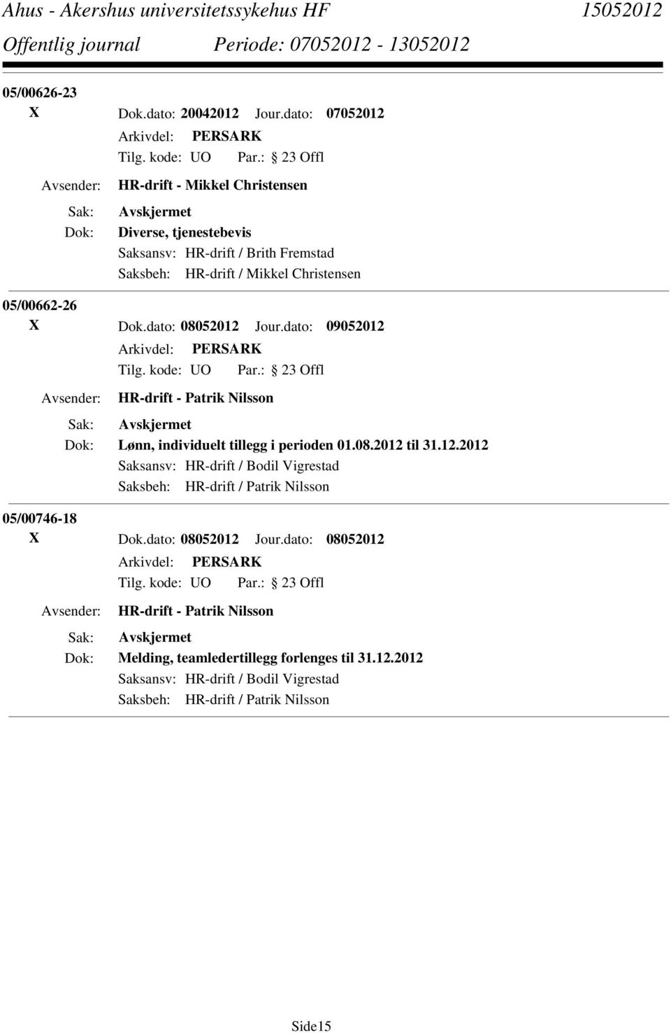 dato: 08052012 Jour.dato: 08052012 HR-drift - Patrik Nilsson Melding, teamledertillegg forlenges til 31.12.2012 Saksansv: HR-drift / Bodil Vigrestad Saksbeh: HR-drift / Patrik Nilsson Side15