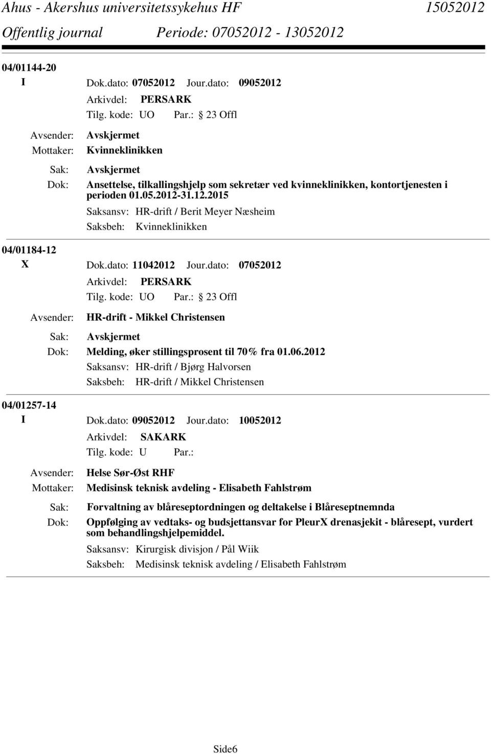 : Helse Sør-Øst RHF Medisinsk teknisk avdeling - Elisabeth Fahlstrøm Forvaltning av blåreseptordningen og deltakelse i Blåreseptnemnda Oppfølging av vedtaks- og budsjettansvar for PleurX drenasjekit