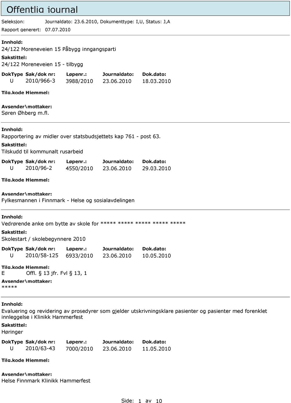 nnhold: Rapportering av midler over statsbudsjettets kap 761 - post 63. Tilskudd til kommunalt rusarbeid 2010/96-2 4550/2010 29.03.