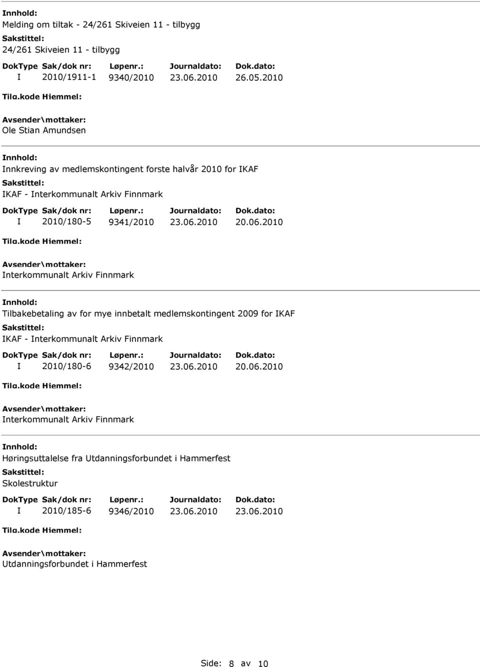 2010 nterkommunalt Arkiv Finnmark nnhold: Tilbakebetaling av for mye innbetalt medlemskontingent 2009 for KAF KAF - nterkommunalt Arkiv Finnmark