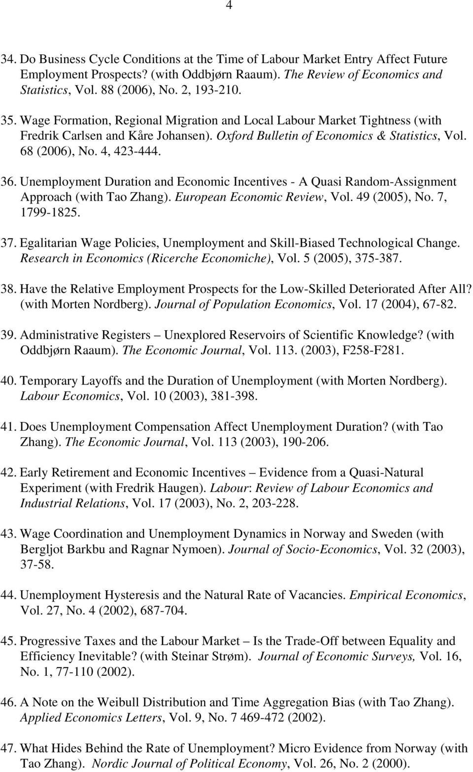 Unemployment Duration and Economic Incentives - A Quasi Random-Assignment Approach (with Tao Zhang). European Economic Review, Vol. 49 (2005), No. 7, 1799-1825. 37.