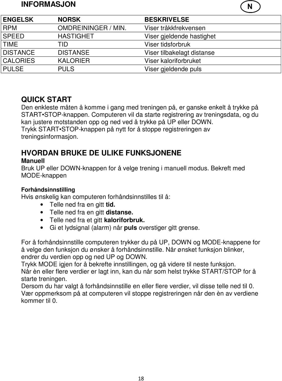 gjeldende puls QUICK START Den enkleste måten å komme i gang med treningen på, er ganske enkelt å trykke på START STOP-knappen.