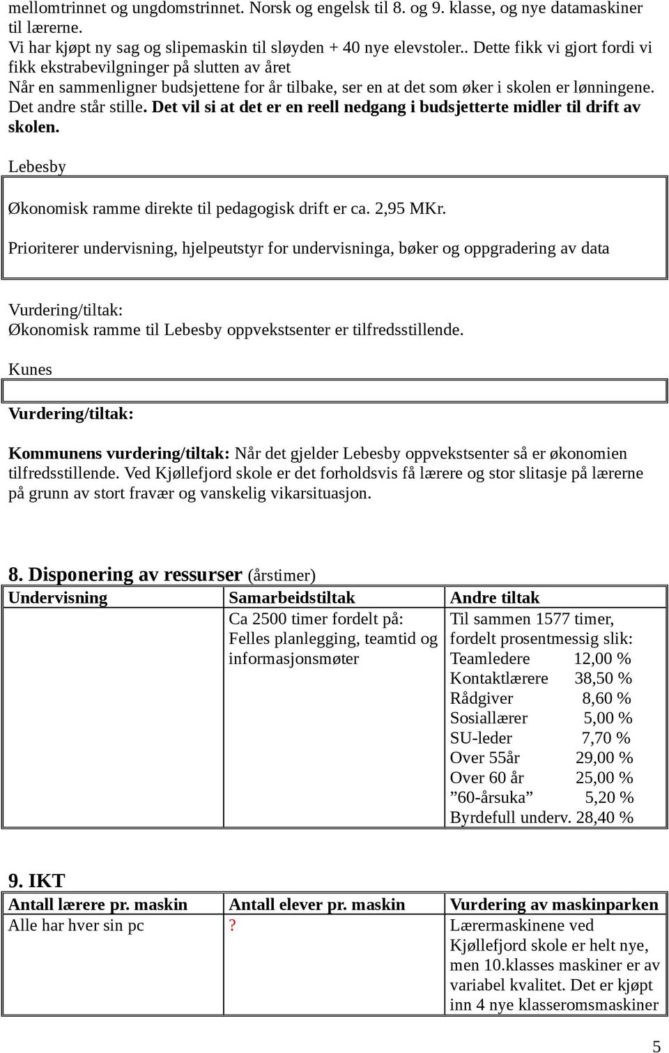 Det vil si at det er en reell nedgang i budsjetterte midler til drift av skolen. Lebesby Økonomisk ramme direkte til pedagogisk drift er ca. 2,95 MKr.