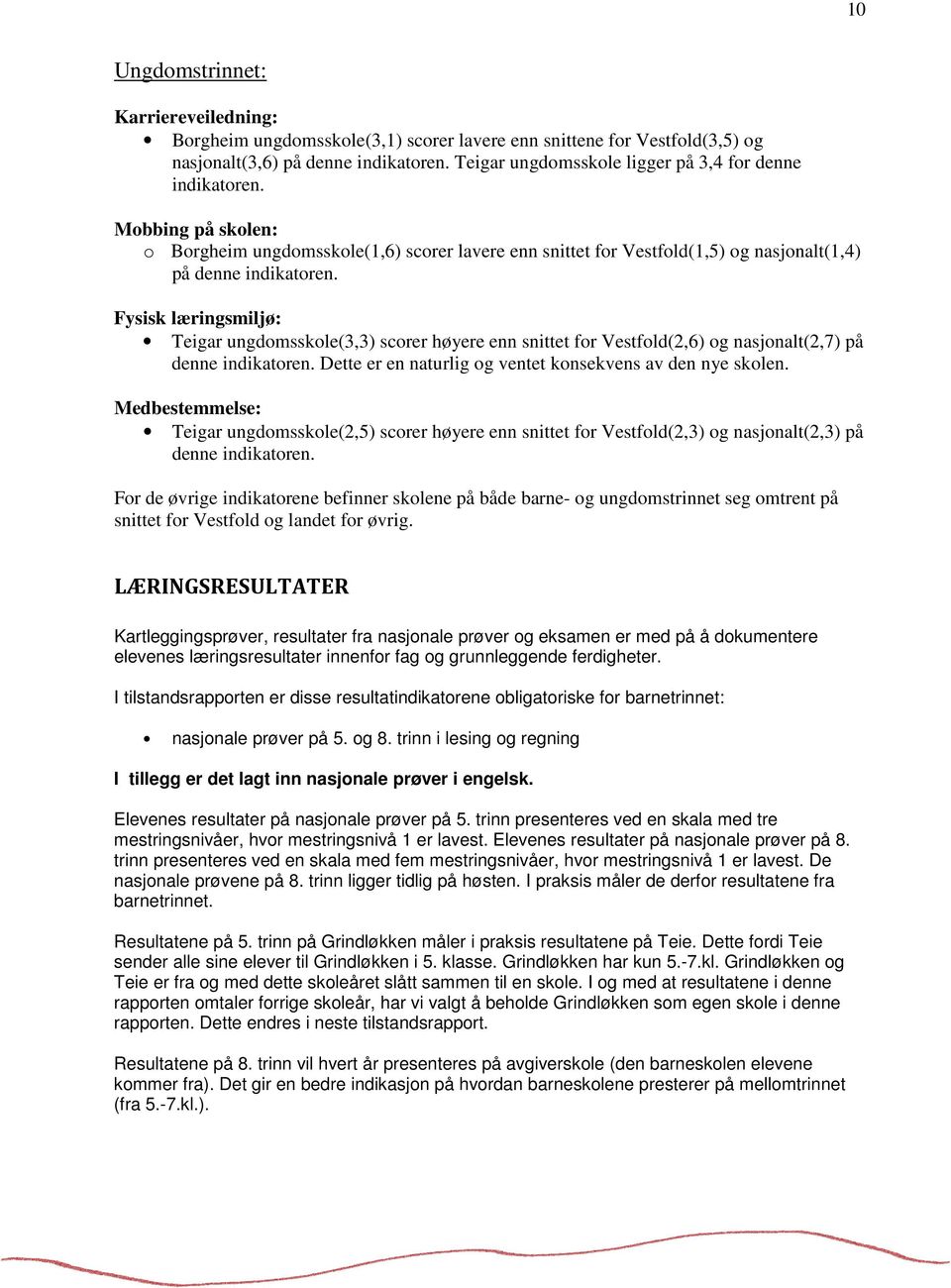 Fysisk læringsmiljø: Teigar ungdomsskole(3,3) scorer høyere enn snittet for Vestfold(2,6) og nasjonalt(2,7) på denne indikatoren. Dette er en naturlig og ventet konsekvens av den nye skolen.